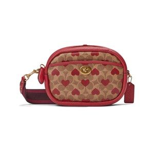 Coach Canvas Signature Heart Print Camera Crossbody Tan & Red Bag